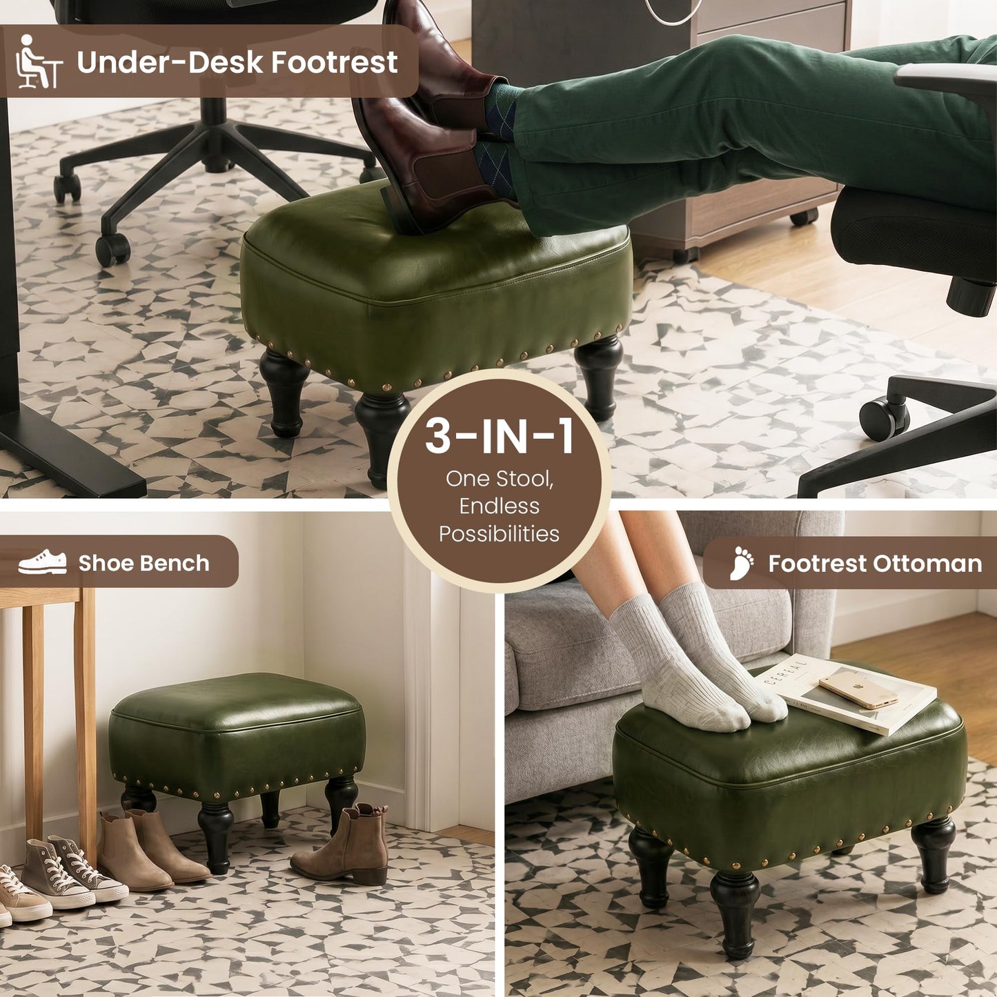 Cmishe Ottoman Leather Foot Rest with Thicker Foam Padded Seat, Footstool with Wooden Legs