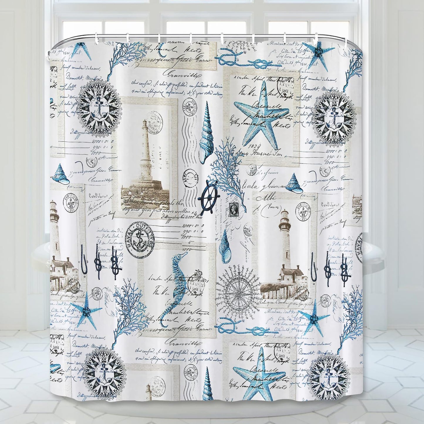 Simpomsy Nautical Shower Curtain Sailboat Compass Anchor Bathroom Curtain Waterproof Mildew & Mould Resistant Polyester Fabric Bath Curtain with 12