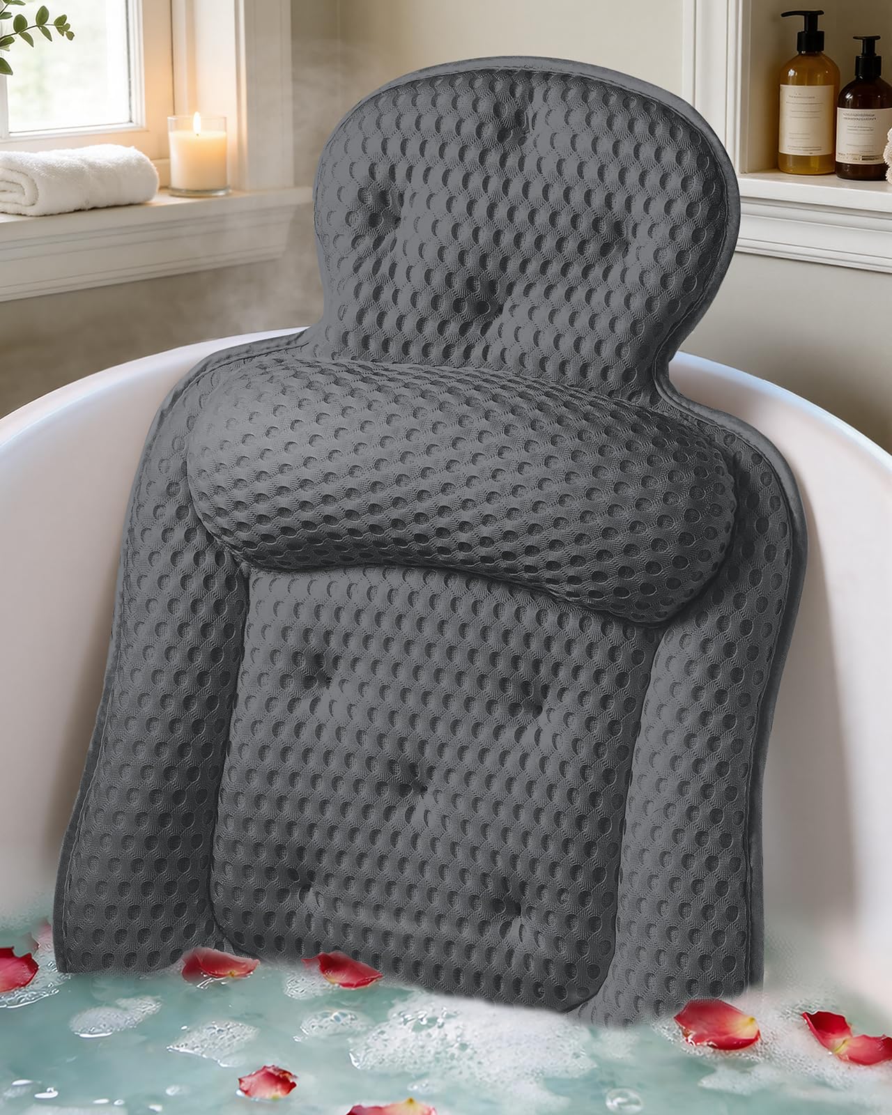 Bath Pillows for Tub, Comfortable Bathtub Cushion for Head and Neck with Soft 3D Mesh Fabric and 54 Non-Slip Suction Cups