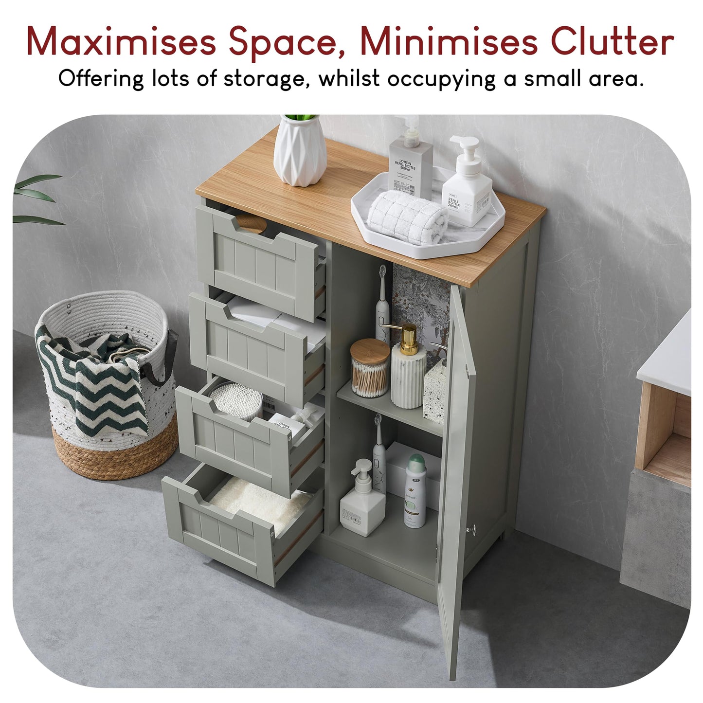 Bath Vida Priano Freestanding 4 Drawer 1 Door Bathroom Cabinet, Grey & Oak