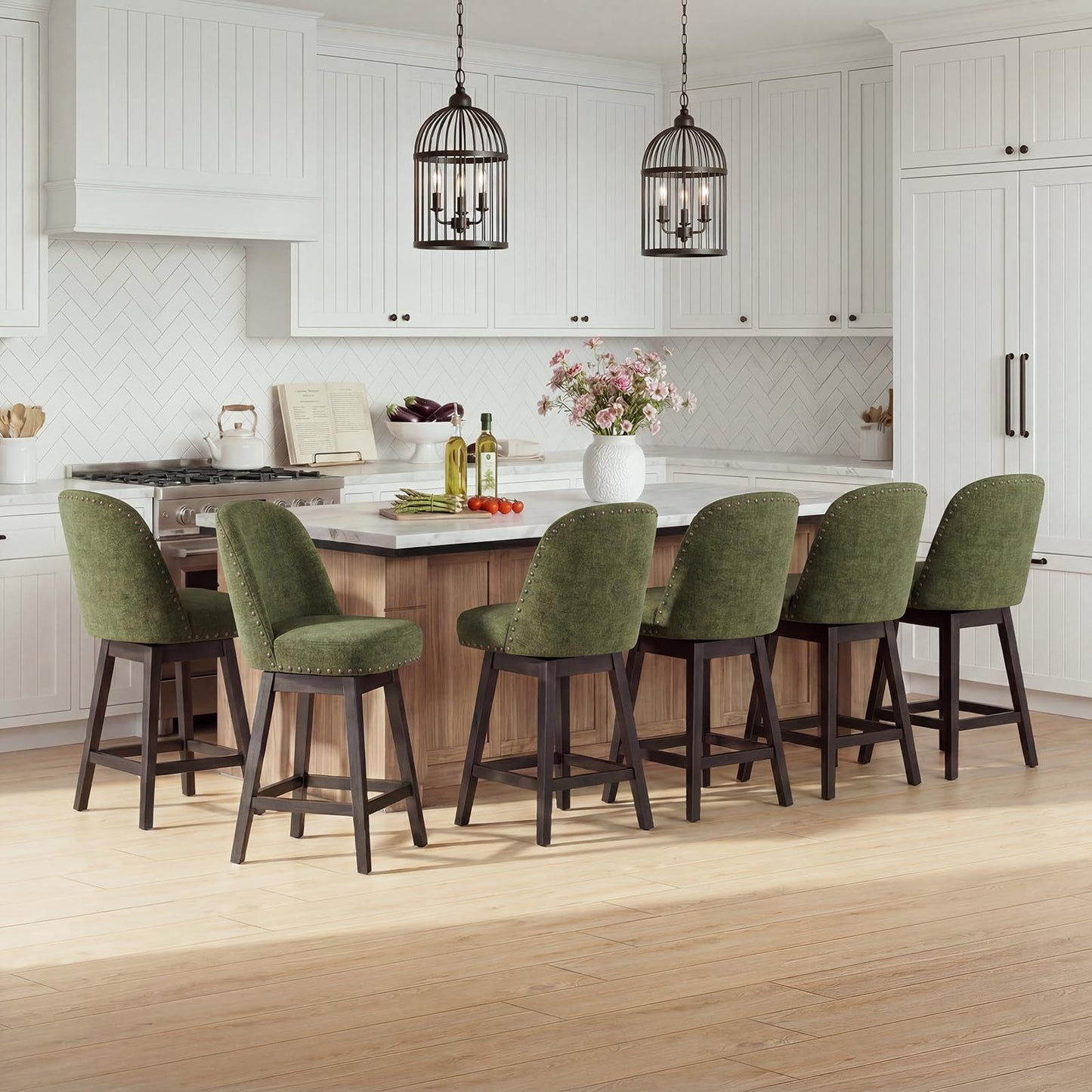 Bar Stools Set of 6, 360° Swivel Counter Stools with Upholstered Seat, Wooden Frame & Nailhead Trim