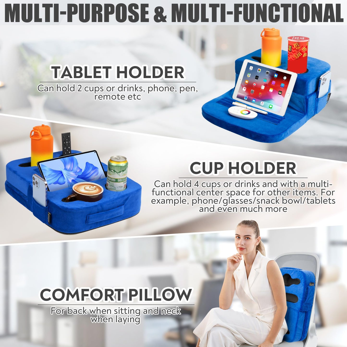 TabCouchCaddy - Couch Cup Holder Tray Pillow - Bed, Couch Caddy, Sofa, RV & Car - Holds Drinks, Snacks, Remotes, Phones, Kindle, Tablet