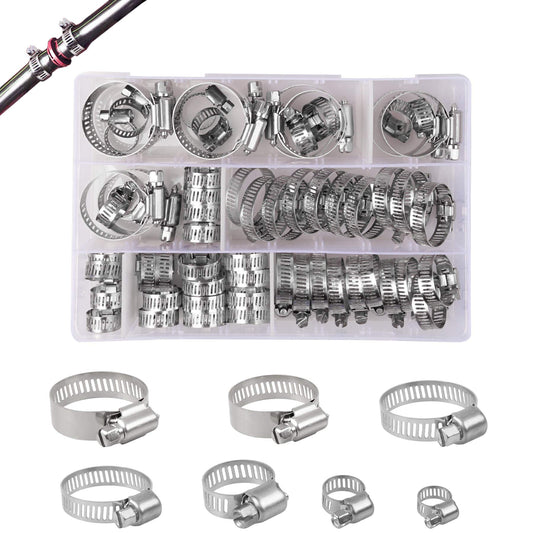 YEYIT 60 Pcs Hose Clips, Jubilee Hose Clamp 7 Sizes Adjustable 6-38mm Range Hose Clamps,Stainless Steel Pipe Clips Assortment with Storage Case, for