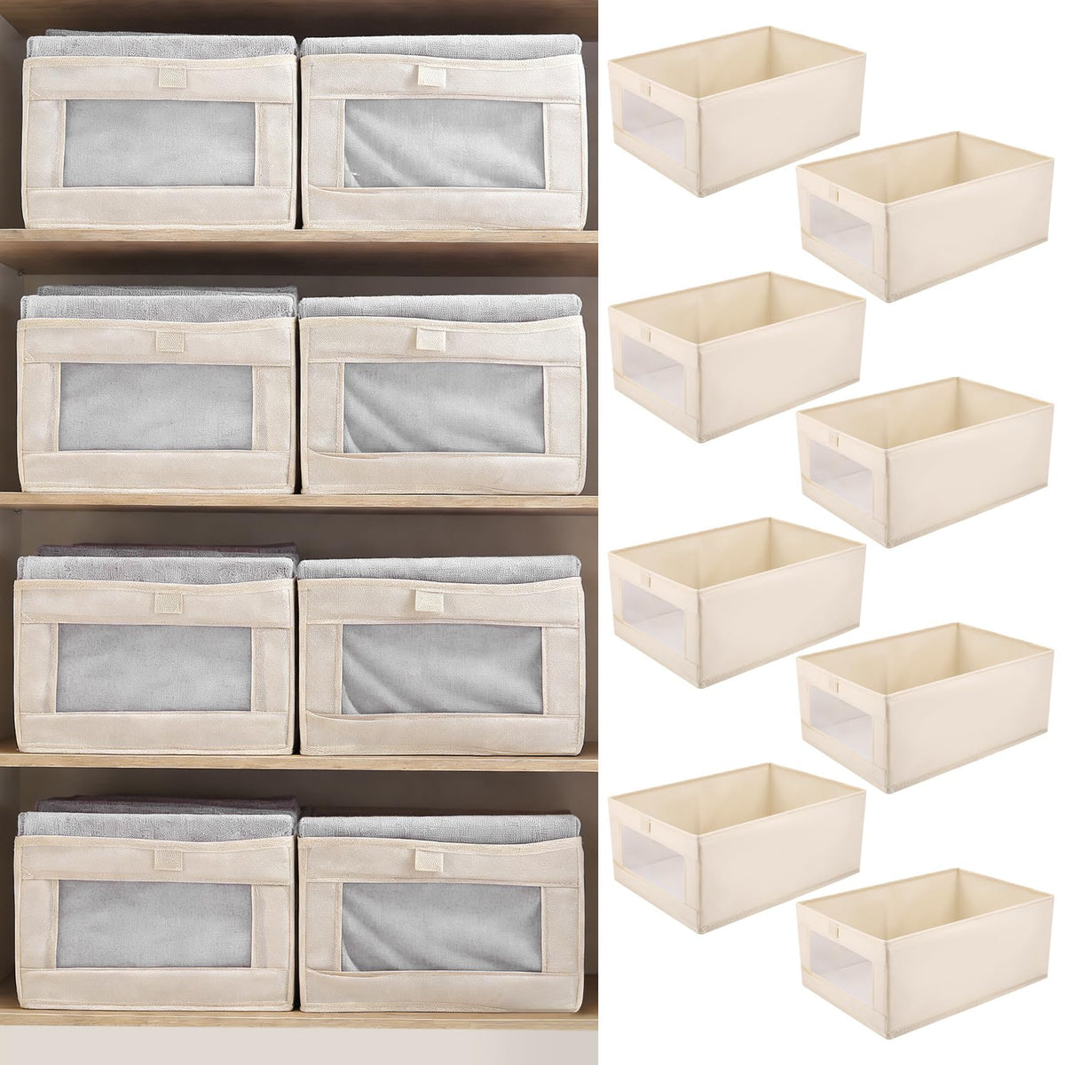 Micvtve 4 PCS Linen Wardrobe Storage Organiser Foldable Storage Bins Baskets for Organization Foldable Organizer with Clear Window Organizing