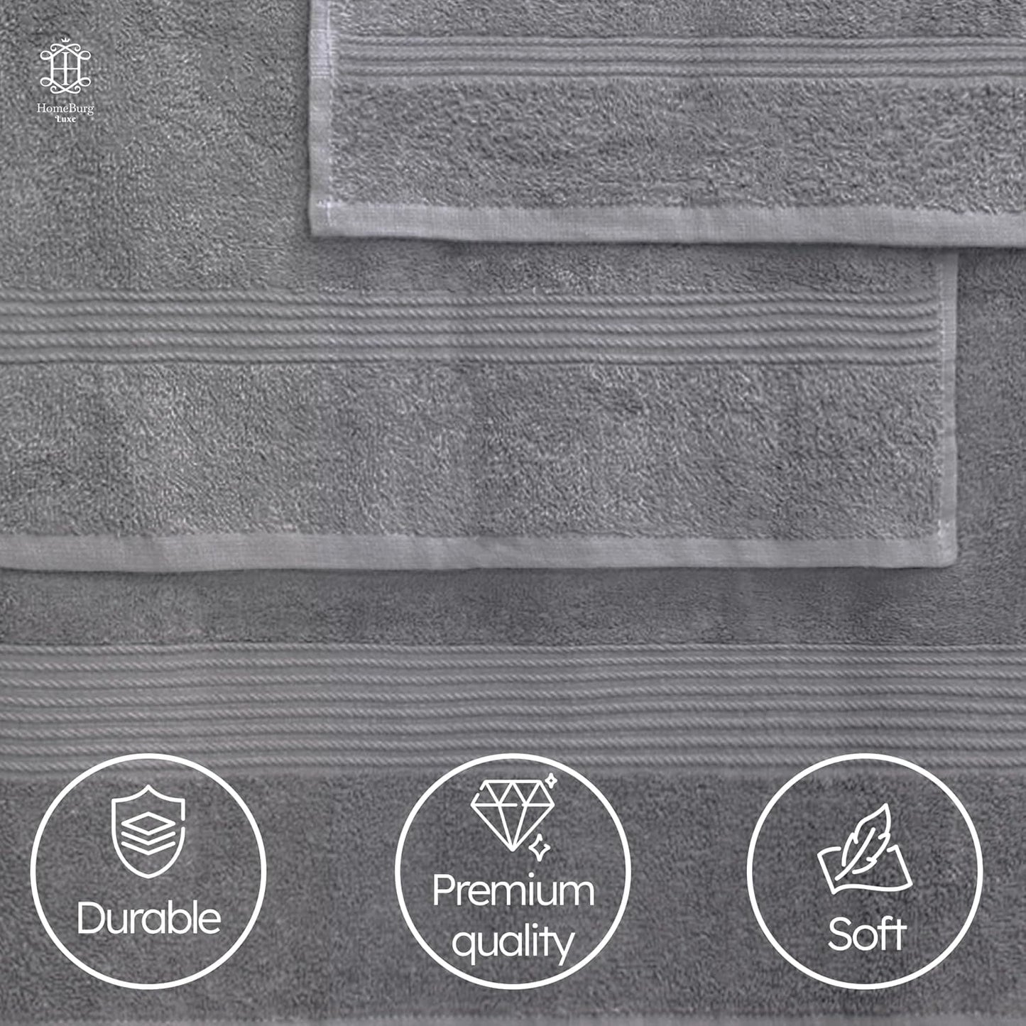 HomeBurg Luxe Set – Washcloths (30 x 30cm), Hand Towels (40 x 70cm) & Bath Towels (65 x 137 cm) – 100% Cotton, Soft, Absorbent, Easy Care, Versatile