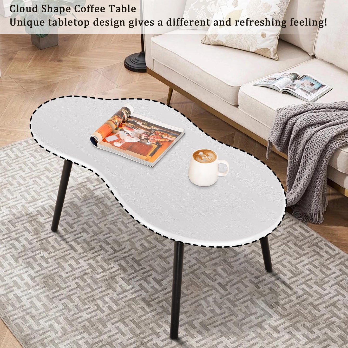 FEUFOAM Modern Coffee Table Cloud White Coffee Tables Irregular Center Table for Living Room Unique Wood Grain Table Top Coffee Table Floor Table for