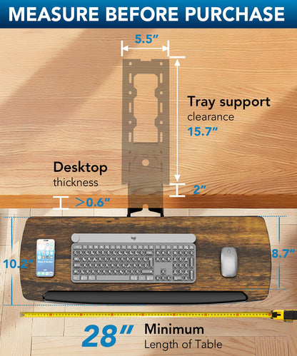 Keyboard Tray Under Desk with Storage Drawer, Height Adjustable Keyboard Tray Slide Out 360° Swivel Tilt