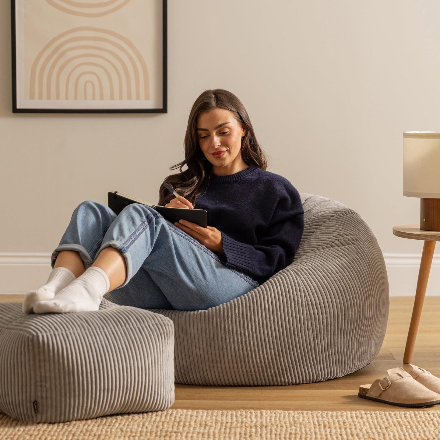 icon Kingston Cord Bean Bag & Footstool with Filling Included, Grey