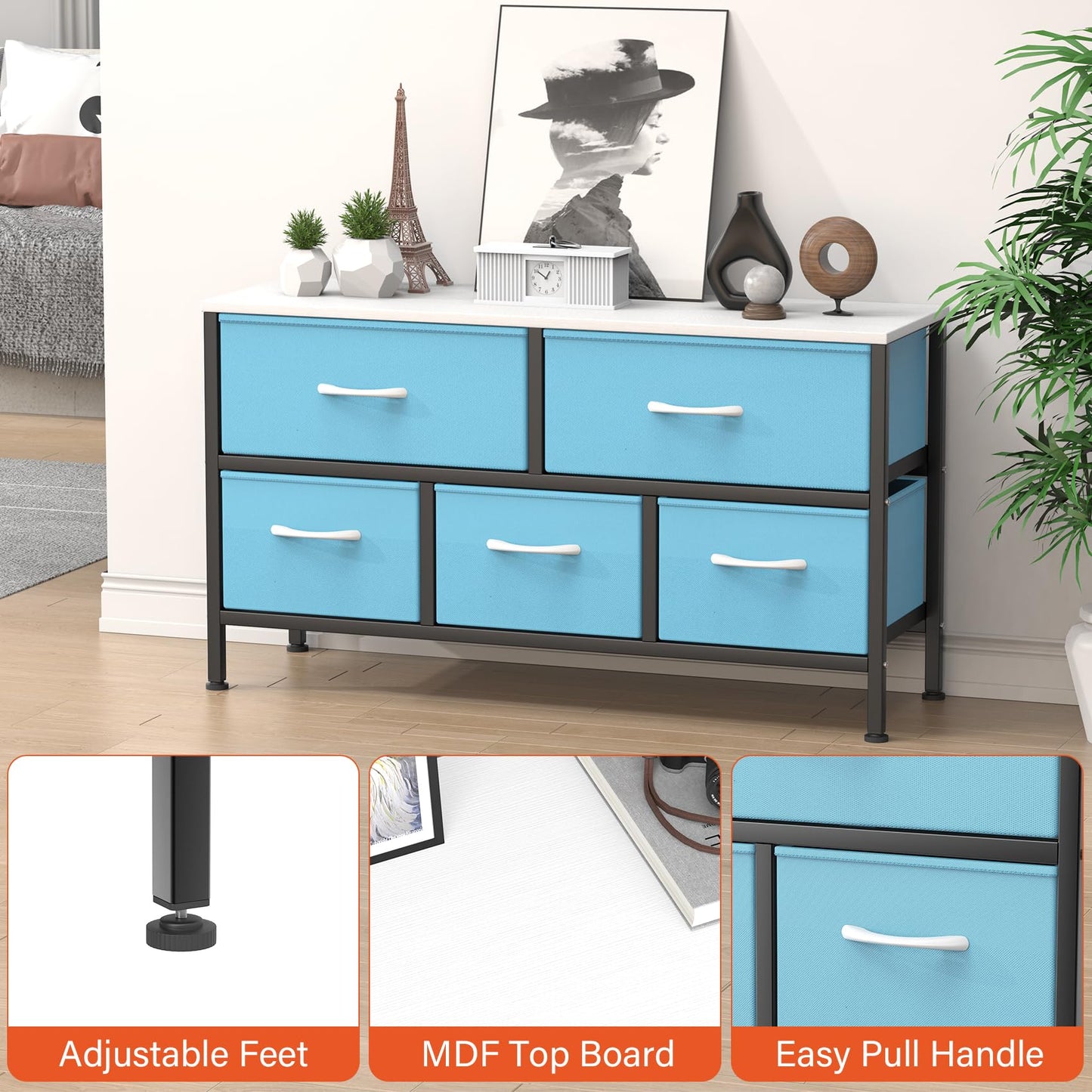 Feonase Bedroom Chest of Drawers, 5 Fabric Drawers Dresser with Metal Frame and MDF Top Board, Modern Storage Unit for Bedroom Living room, Entryway