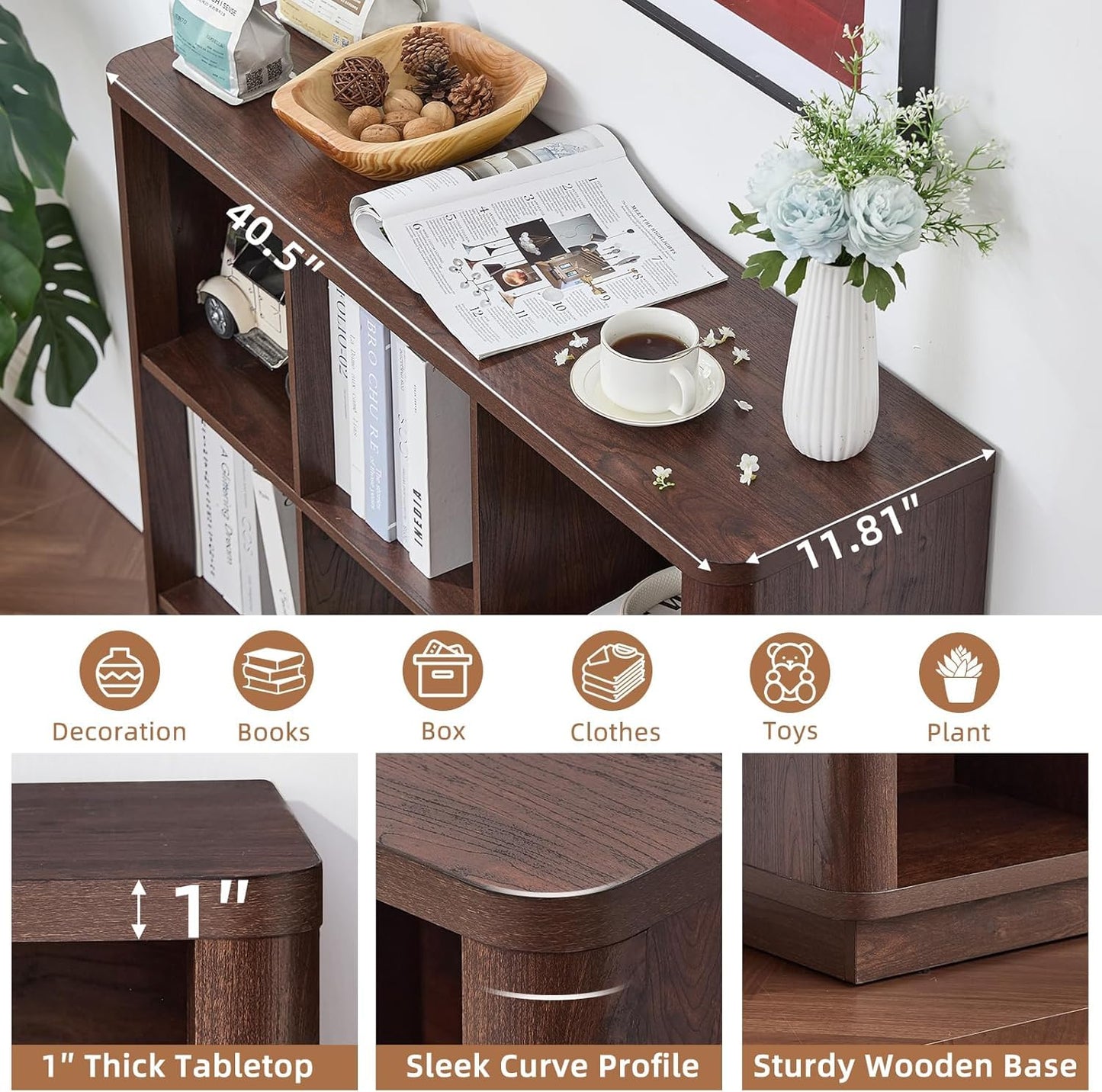 LELELINKY 9 Cube Storage Bookcase, 41" Wide Wooden Book Shelf with Thickened Base, Freestanding 3-Tier Open Book Case Unit with Curved Edge