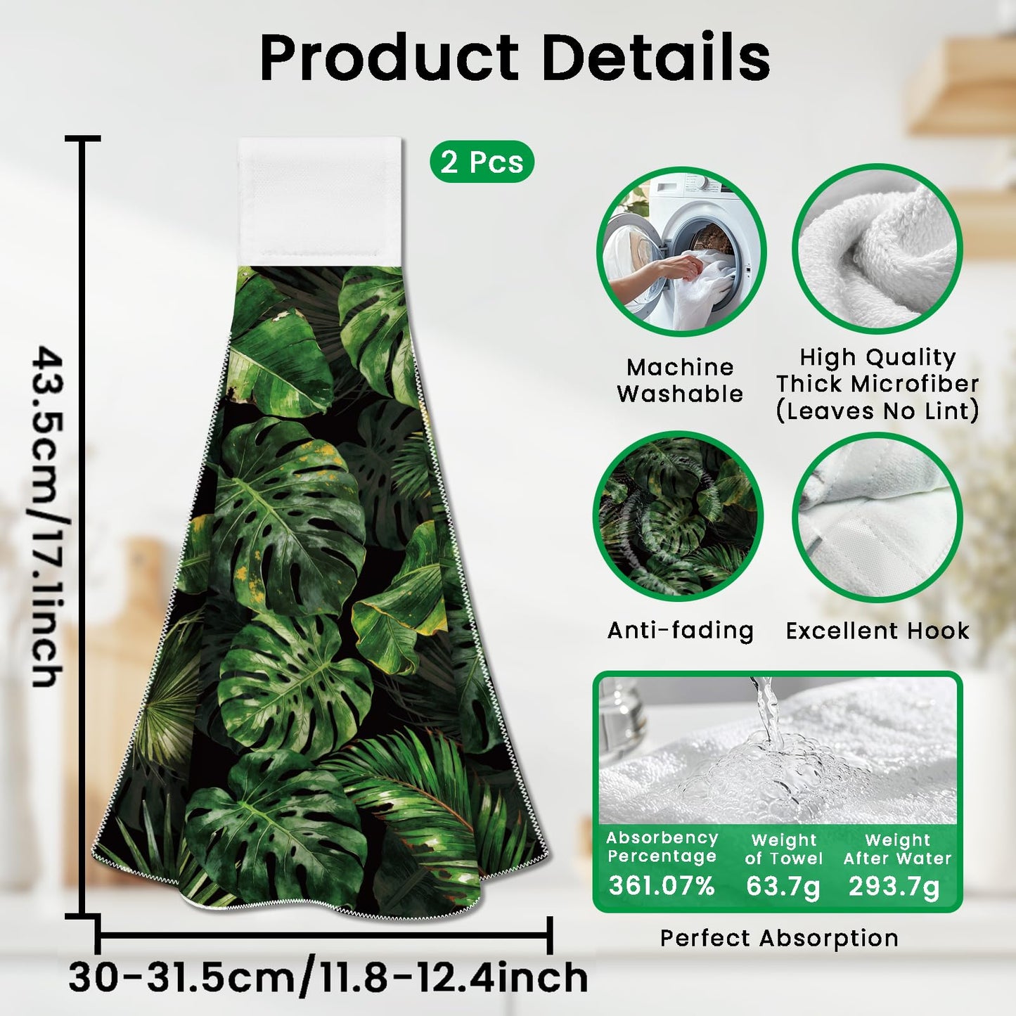CUTHOLLOW 2 Pcs Tropical Monstera Deliciosa Hanging Kitchen Towels with Loop