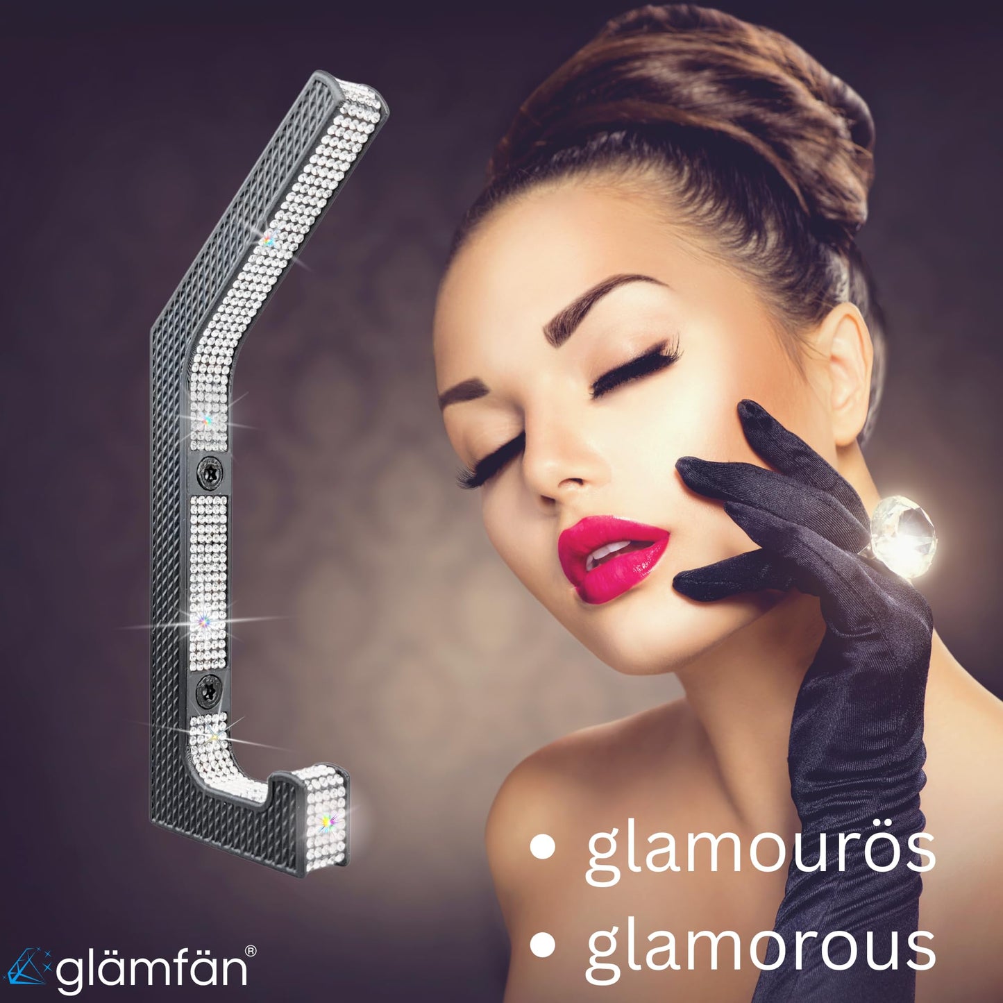 3 Coat Hooks with Rhinestones - Luxury Wall Hooks in Glamour Design - Black/Silver - Decoration and Coat Hooks for Hallway, Bedroom and Dressing