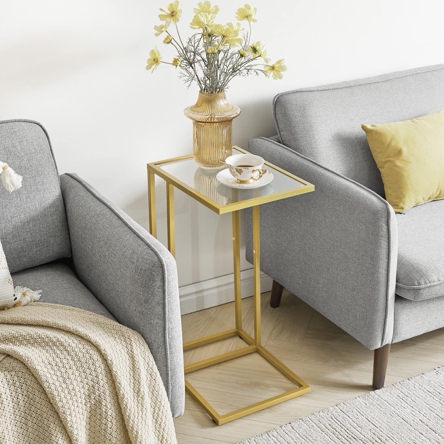 YMYNY C Shaped End Table, Tempered Glass Snack Side Table for Small Space with Metal Frame, Narrow Couch Table, for Living Room, Bedroom
