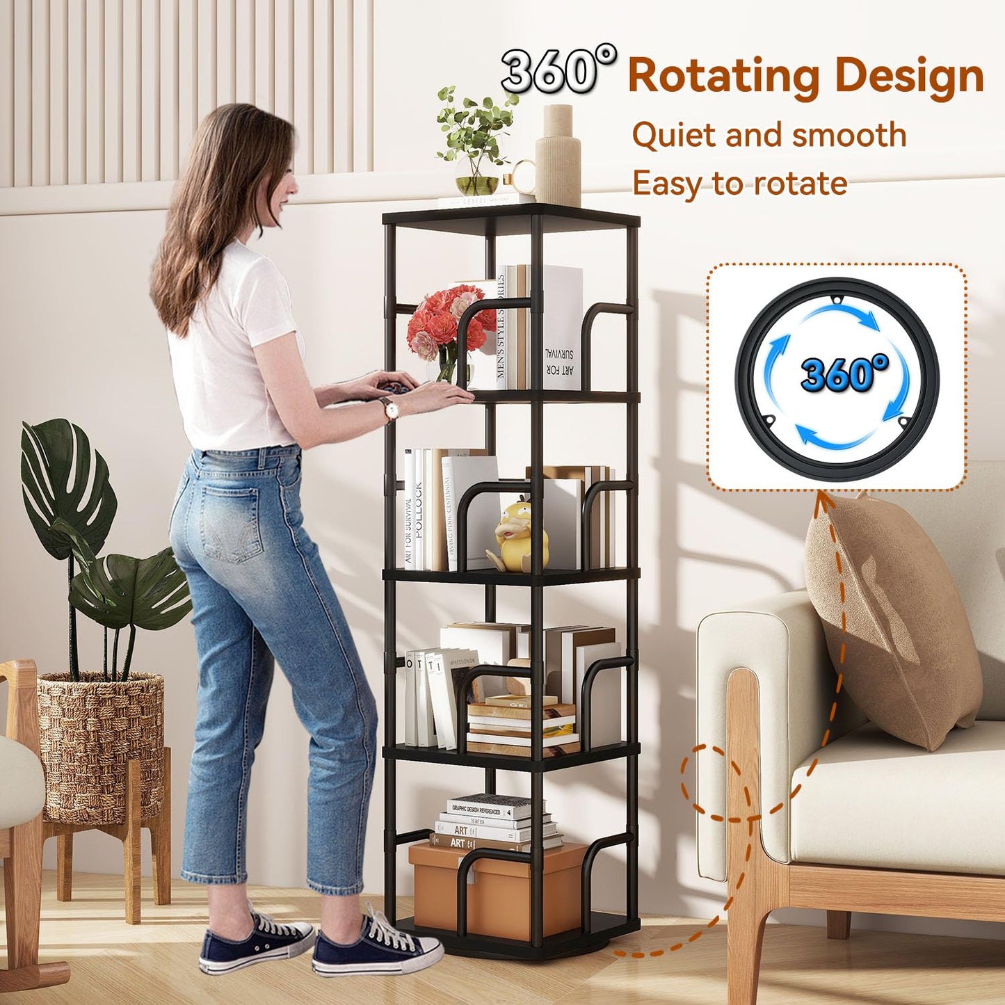 IBUYKE 5 Tier Rotating Bookshelf,Square Bookcases,Black TBC004B