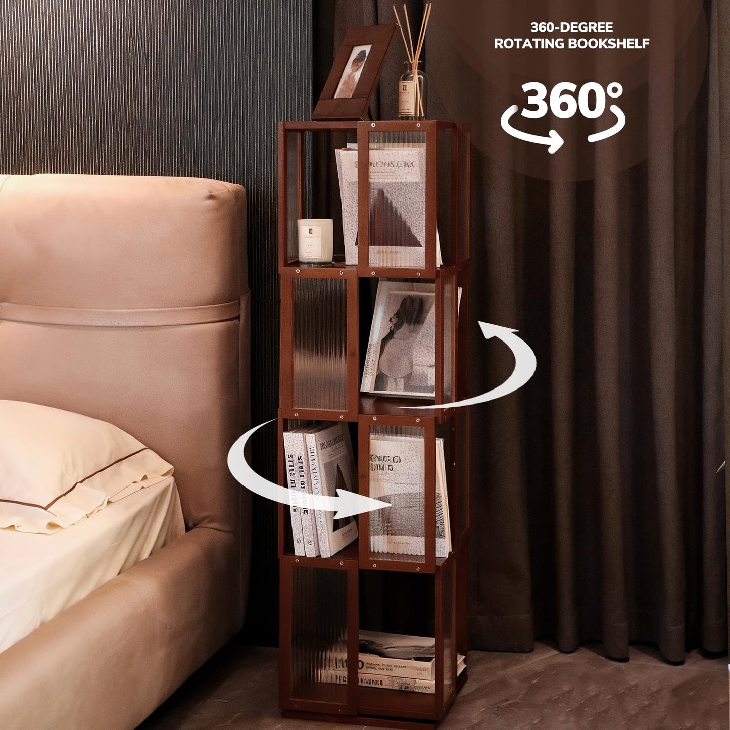 BAMEOS Rotating Bookshelf Tower 4 Tier，360°Storage Spinning Bookcase, Solid Wood Brown Cube Corner Bookshelf for Office, Bedroom and Living Room