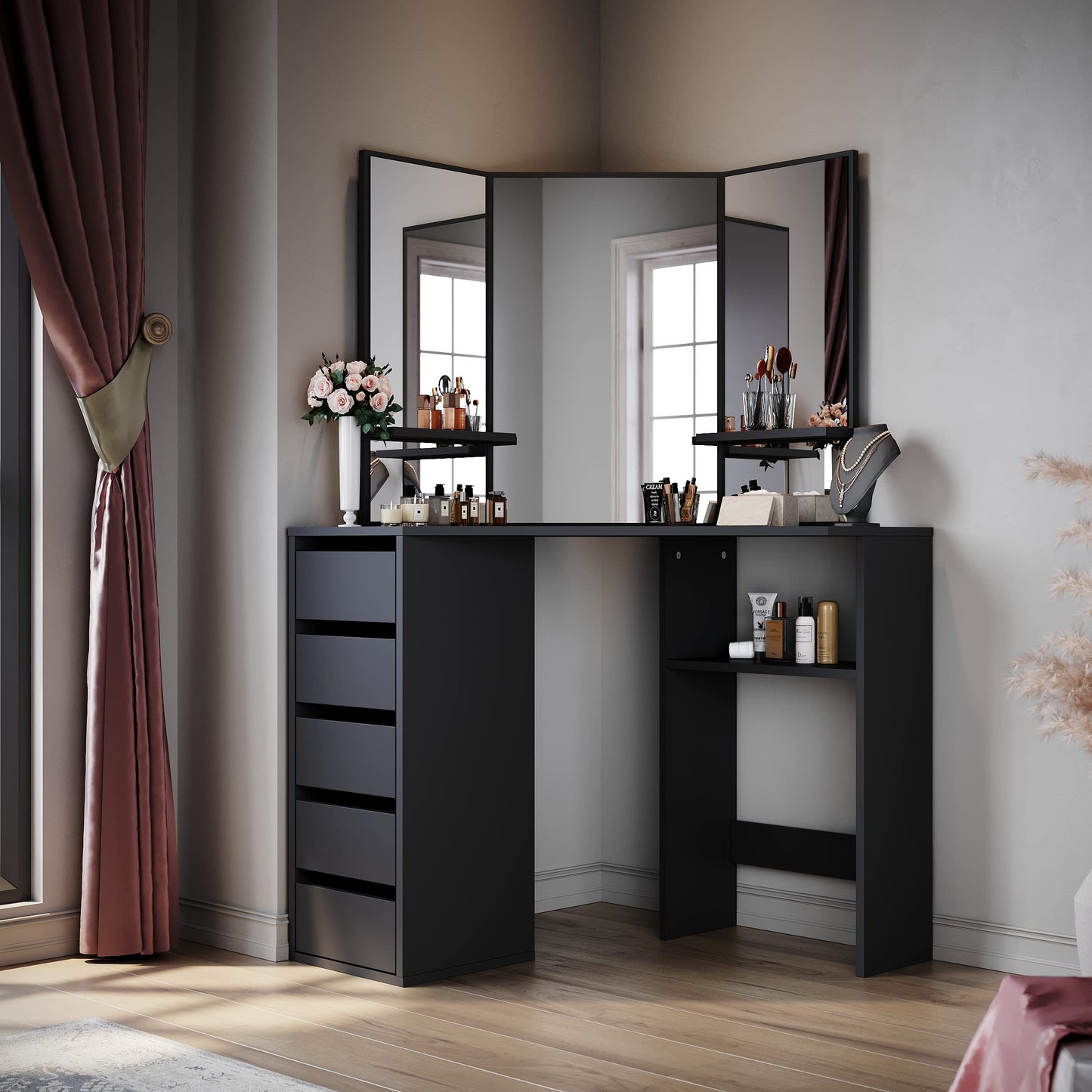 ELEGANT Corner Dressing Table with Mirror and 5 Drawers, 54x111x142cm