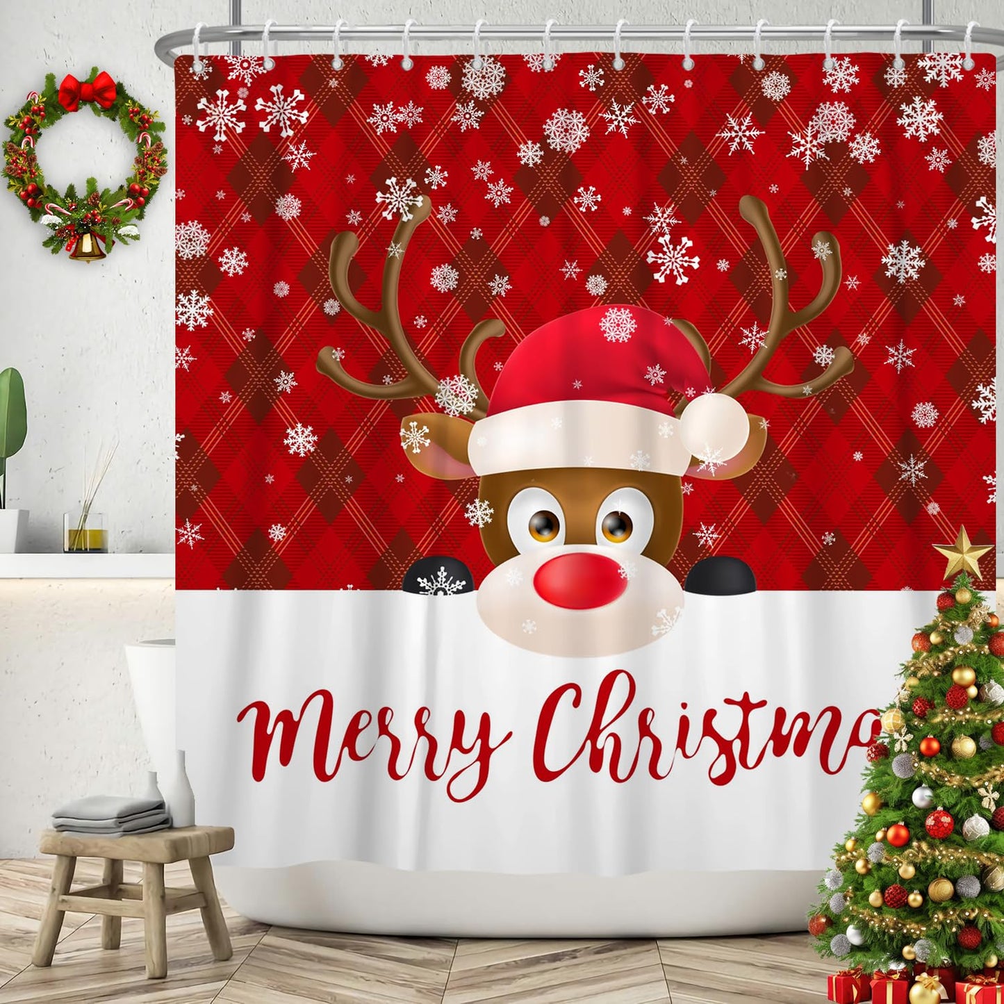 SDOTPMT 140x183cm Cute Cartoon Reindeer with Red Hat Shower Curtain Merry Christmas Festive Red Grids Bath Curtain Winter Holiday Snowflakes Shower