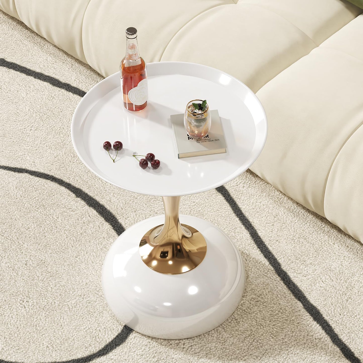 quanzhoulong Modern Round Side Table - White Glossy Tabletop & Gold Pedestal Base | Stylish Accent End Table for Living Room Home Decor