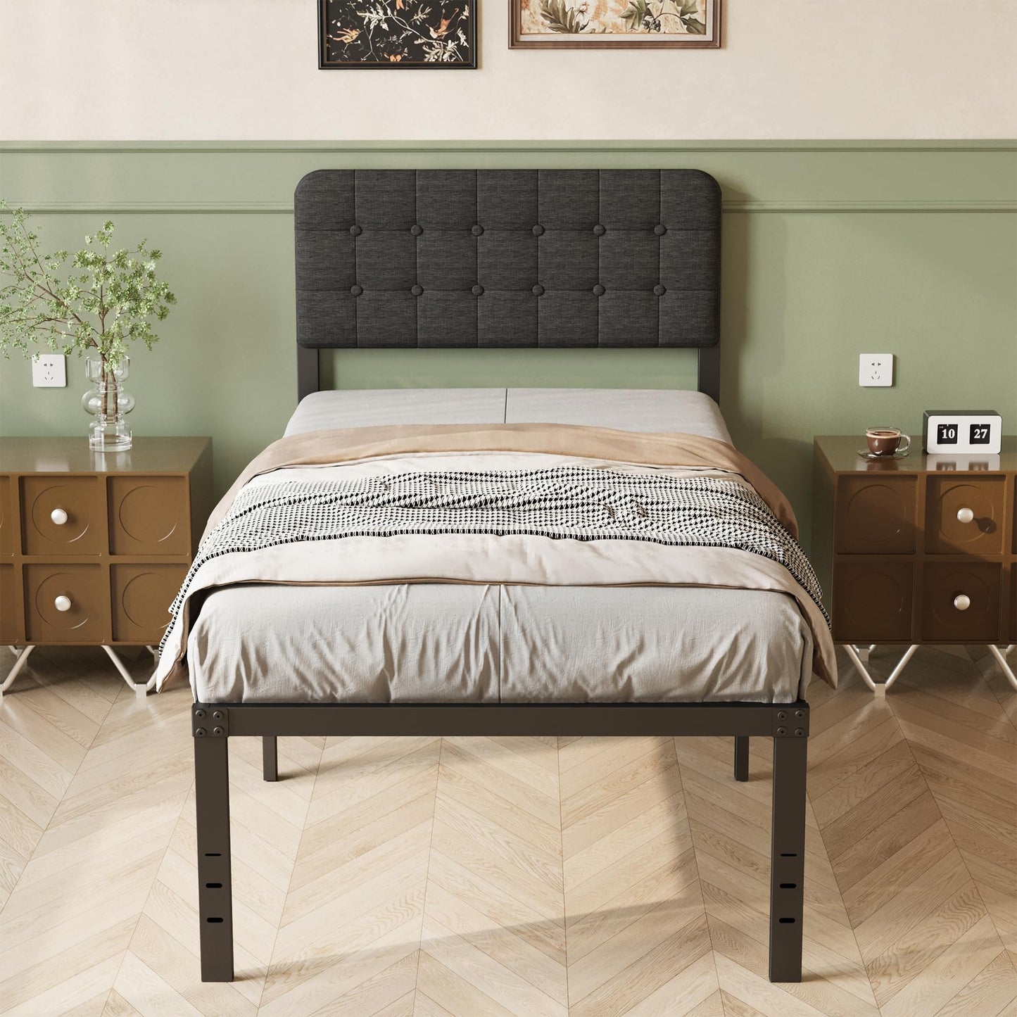 Lutown-Teen Single Bed Frame with Black Upholstered Headboard