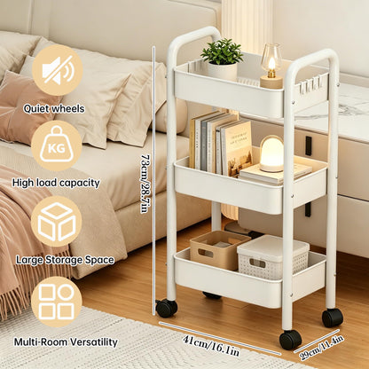 Storage Trolley 3-Tier on Wheels, Metal Plastic Rolling Cart with Handle – Slim Mobile Utility Organiser for Kitchen, Bathroom, Office, Narrow Spaces
