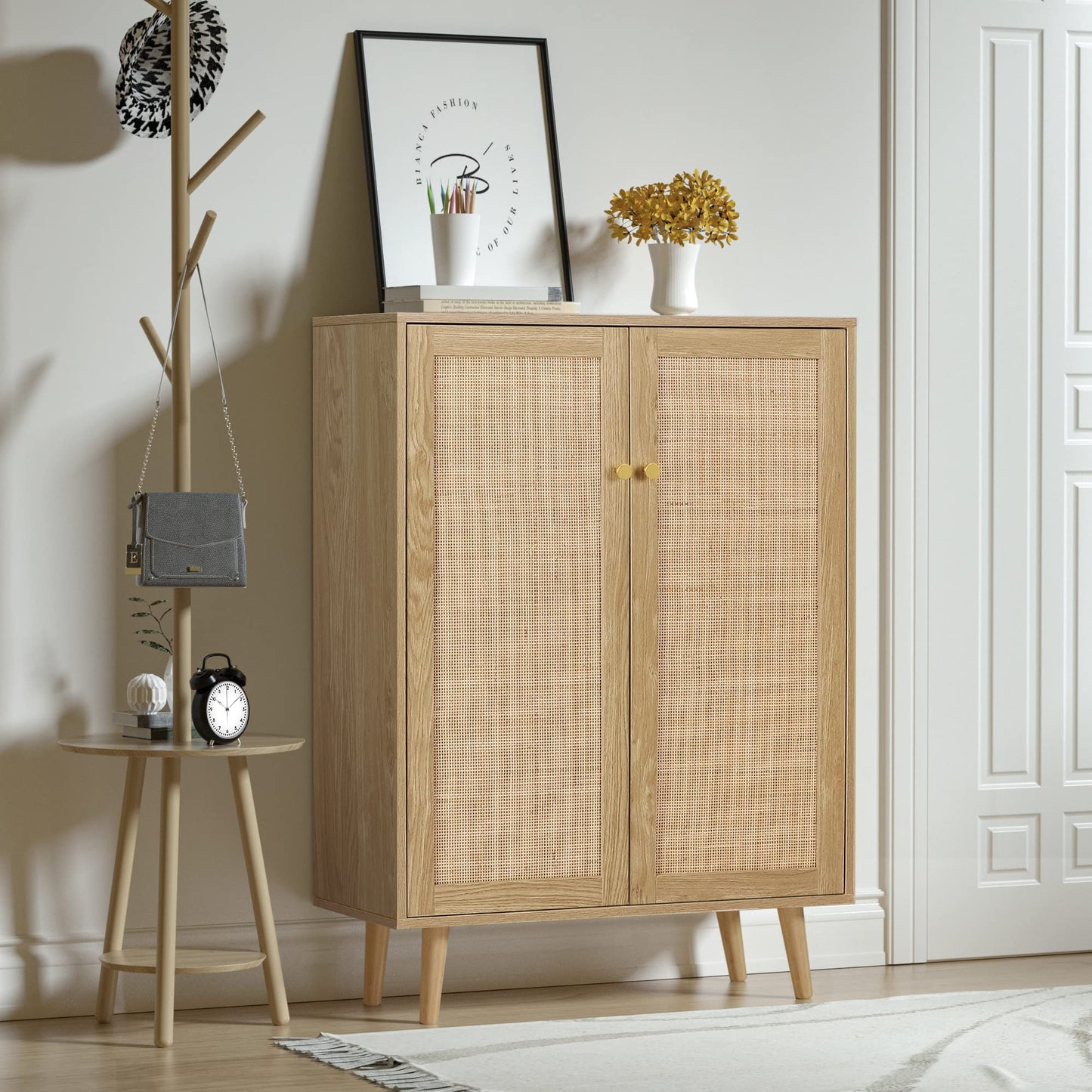 Skokliz Rattan Storage Cabinet with Doors, 44" H Tall Sideboard Storage with Adjustable Shelves