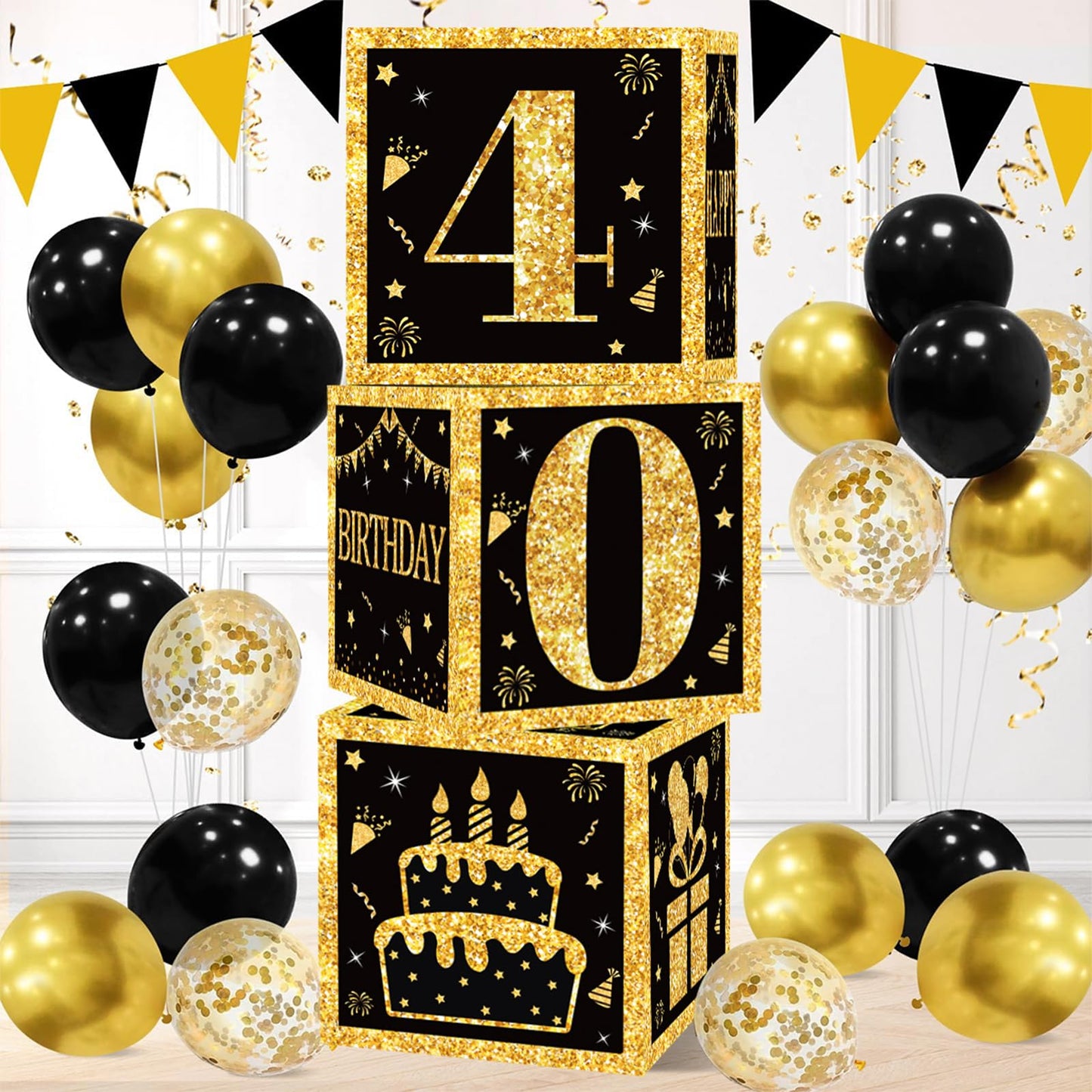 QIFU 40th Birthday Decorations Box for Men Women - 3pcs 40th Birthday Boxes Black and Gold, 40 Birthdays Party Decoration Black Gold Table Centrepiece
