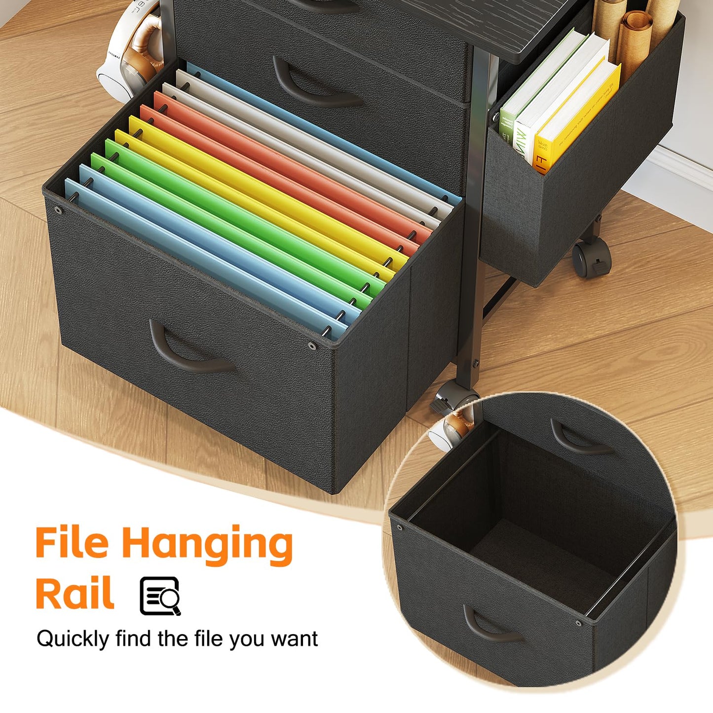 CAIYUN Filing Cabinet with 3 Fabric Drawers, Mobile File Cabinet on Wheels & Adjustable Feet, Rolling Under Desk Cabinet