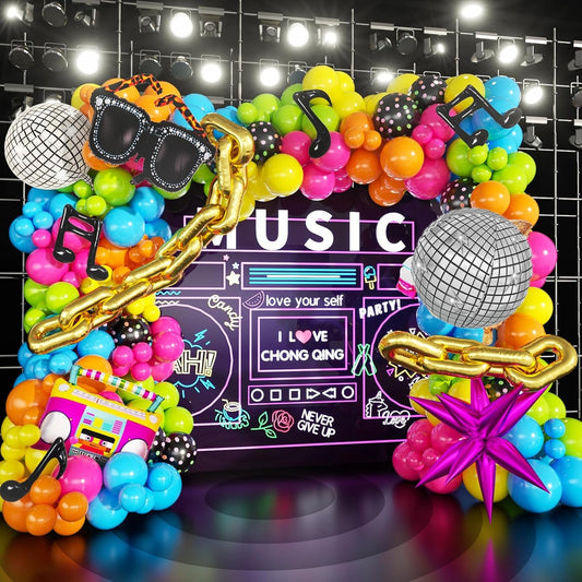 Neon Balloon Arch Kit Disco Theme Party Decorations,157Pcs Balloons with Retro Disco Ball Radio Glasses Roller Musical Note Chain Star Foil Balloons