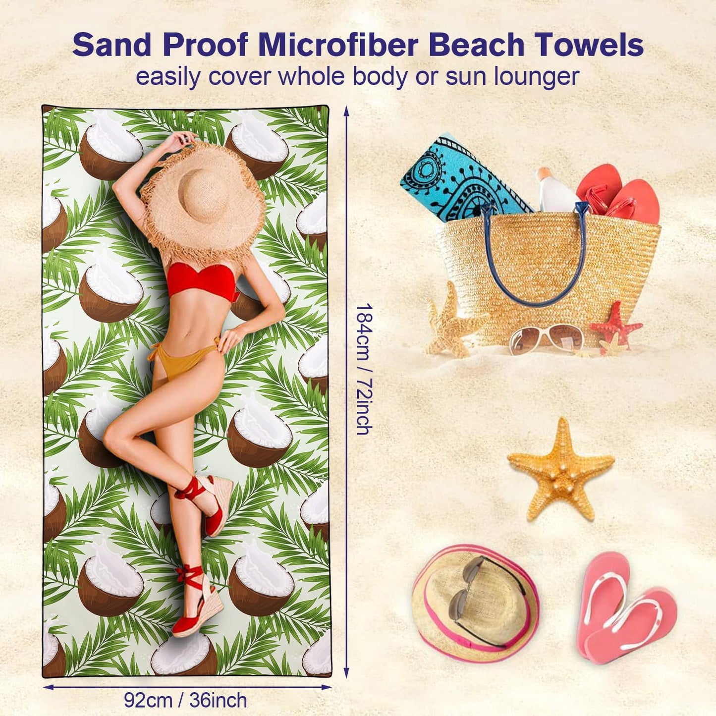 Violetpos Coconut & Palm Leaf Beach Towel, Extra Large 180x90 cm 250GSM Microfibre, Sand Free Quick Dry