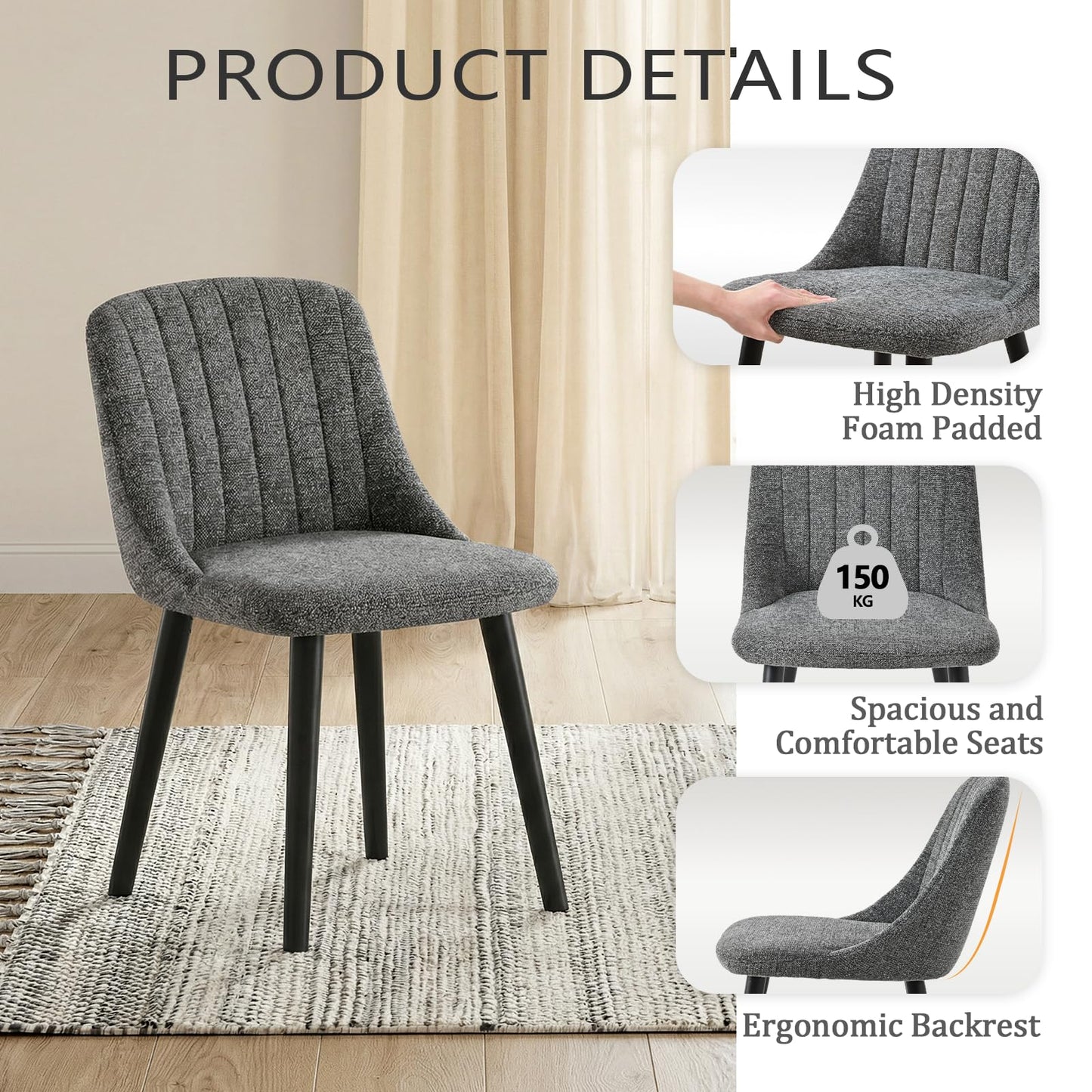 Goeurvant Dining Chairs Set of 4 Upholstered Armchairs with Wooden Legs Kitchen Chairs for Living Room, Grey-Chenille