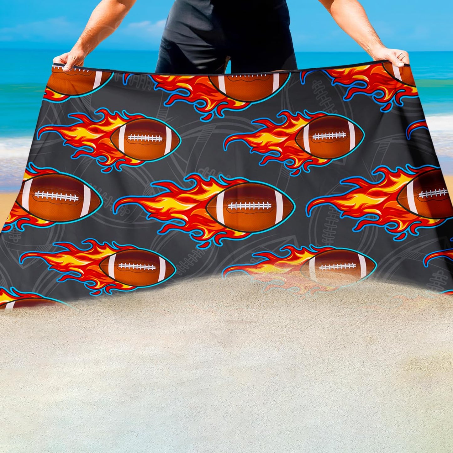 Violetpos Flaming American Football Beach Towel, Extra Large 180x90 cm 250GSM Microfibre, Sand Free Quick Dry