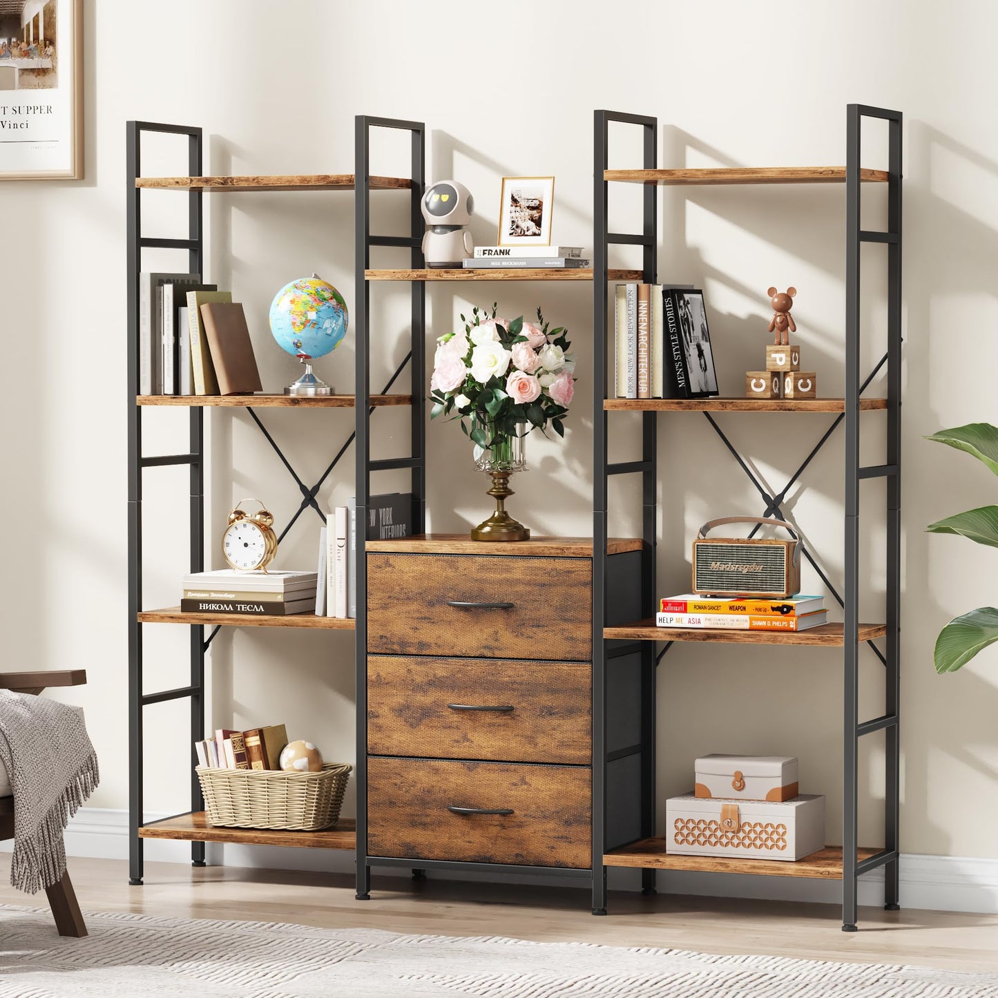 OYRREU 4-Tier Bookcase with Drawers, 100cm Wide Rustic Brown Shelving Unit
