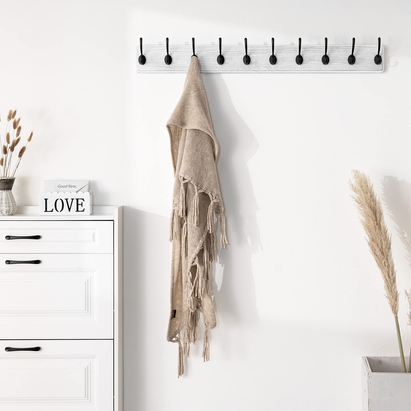 SKOLOO Farmhouse Style Wall Mounted Coat Rack, Pack of 2, Pine Solid Wood Coat Hook Hanger - 10 Hooks for Hanging Clothes Robes Towels Coats