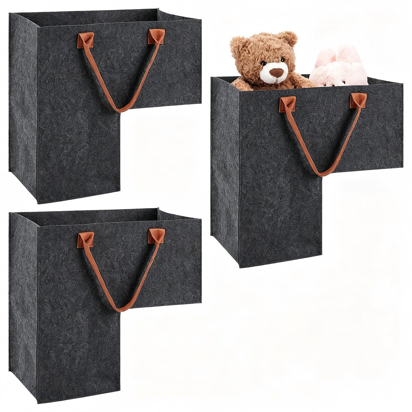 INTERWARM 3Pcs Foldable Stair Basket, Felt Stair Step Storage Bag with Leather Handle