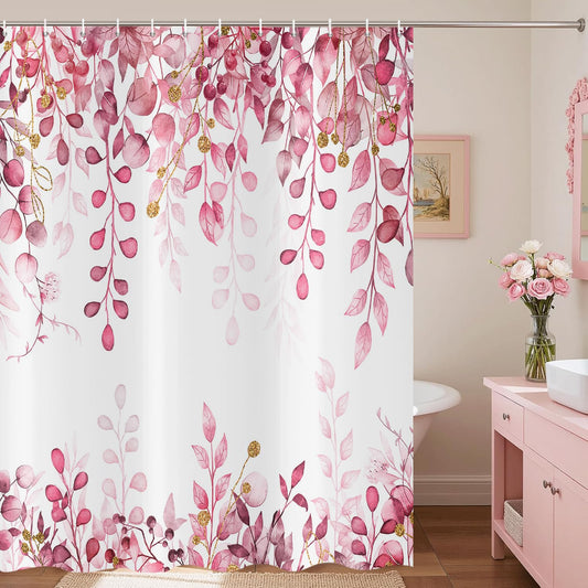 ASDCXZ Pink Eucalyptus Shower Curtain 180x200 cm, Watercolor Eucalyptus Leaves Flowers Cottagecore Plants Waterproof Bath Curtain Polyester Textile