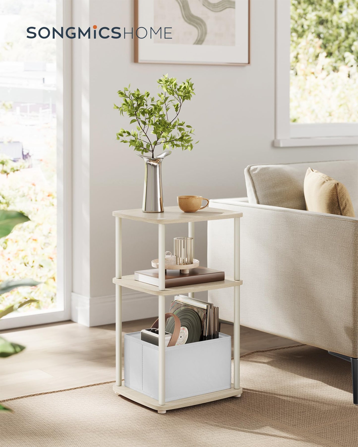 SONGMICS HOME Side Table, Bedside Table, End Table with 3 Storage Shelves, Fabric Basket, for Bedroom, Living Room, Steel Frame, 30 x 34 x 58 cm
