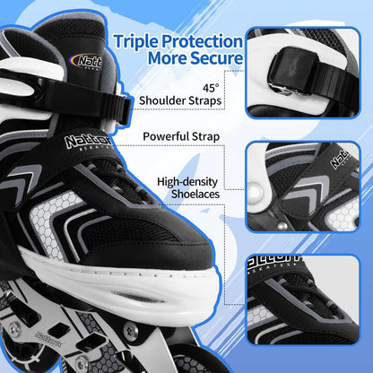 Nattork Roller Skates for Boys with Full Light up Wheels, Adjustable Beginner Inline Skates for Big Kids, Black, Size 1 2 3