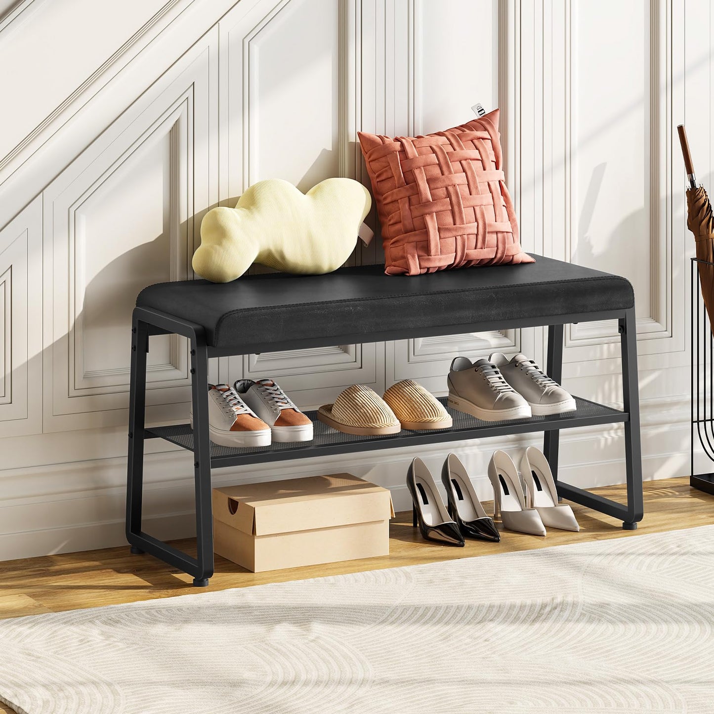 HOOBRO 2-Tier Shoe Storage Bench with Upholstered Seat, for Hallway