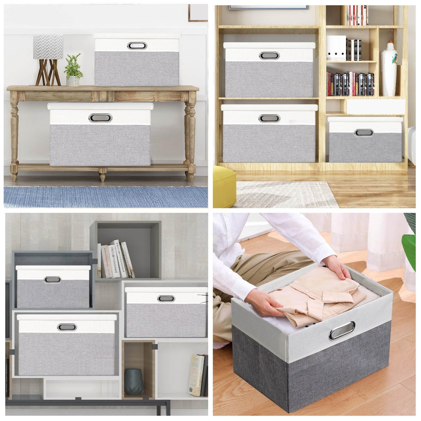 Febzoce Storage Boxes with Lids, Storage Baskets for Shelves Foldable Fabric Storage Bins Organizer for Home and Office Light Grey and White Medium