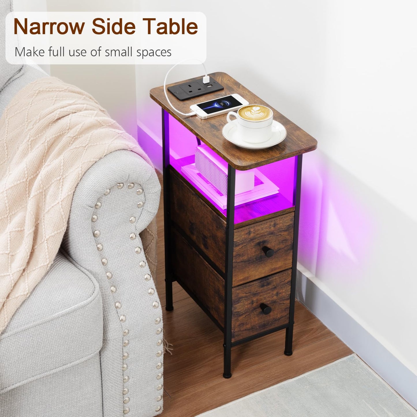 LOAKEKEL Narrow Bedside Table Set of 2, Slim Side Table for Bedroom