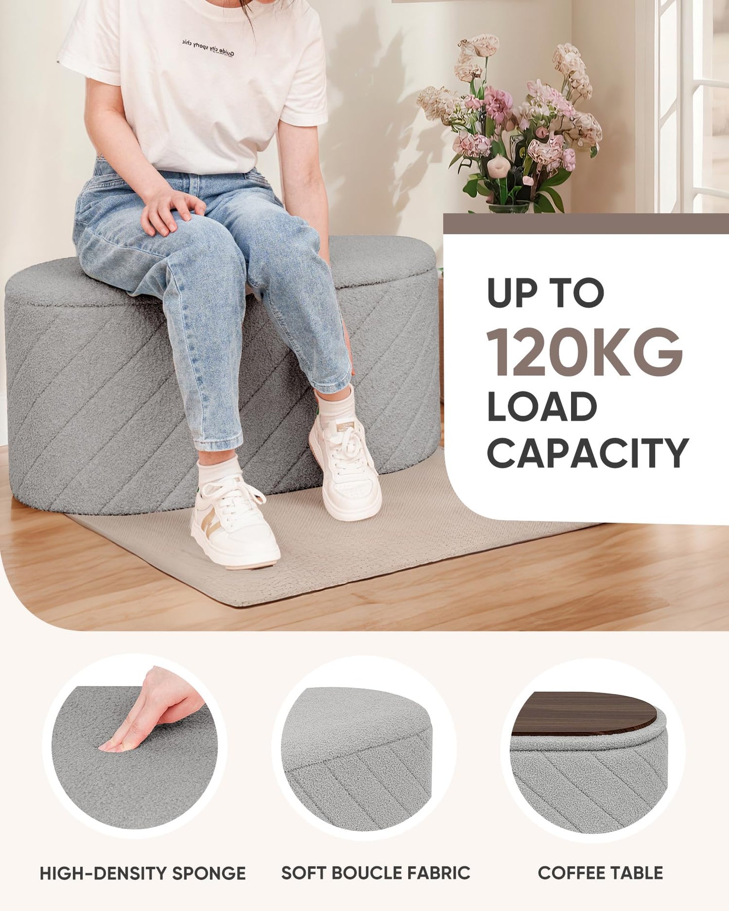 Bonlife Oval Ottoman with Storage Bench, Folding Foot Rest with Lid, Boucle End of Bed Bench,Foostool for Living Room,Bedroom,Entryway,Grey,76x38x38cm