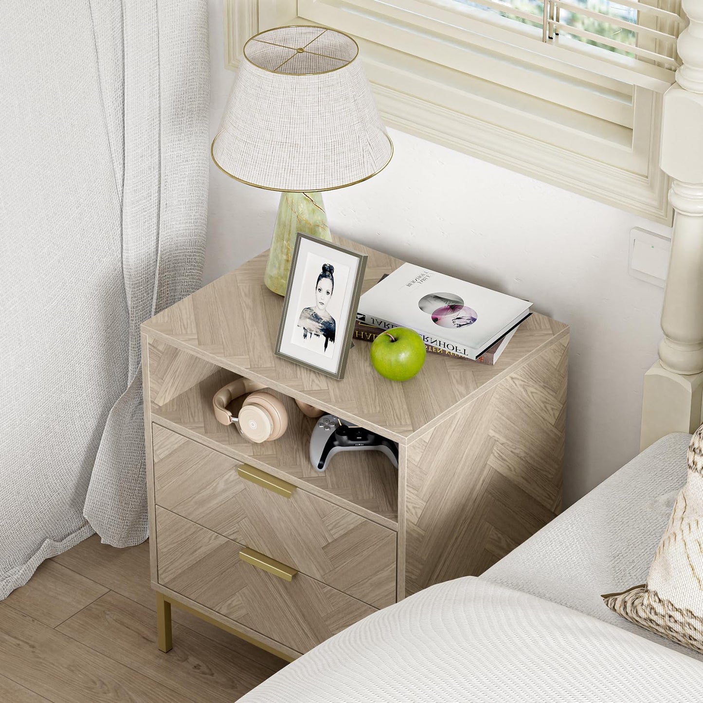 Yvsevnr Modern Bedside Tabls with Drawers Wood Bed Side Table for Bedroom Living Room Office Herringbone Small Chest of Drawers with Open Compartment