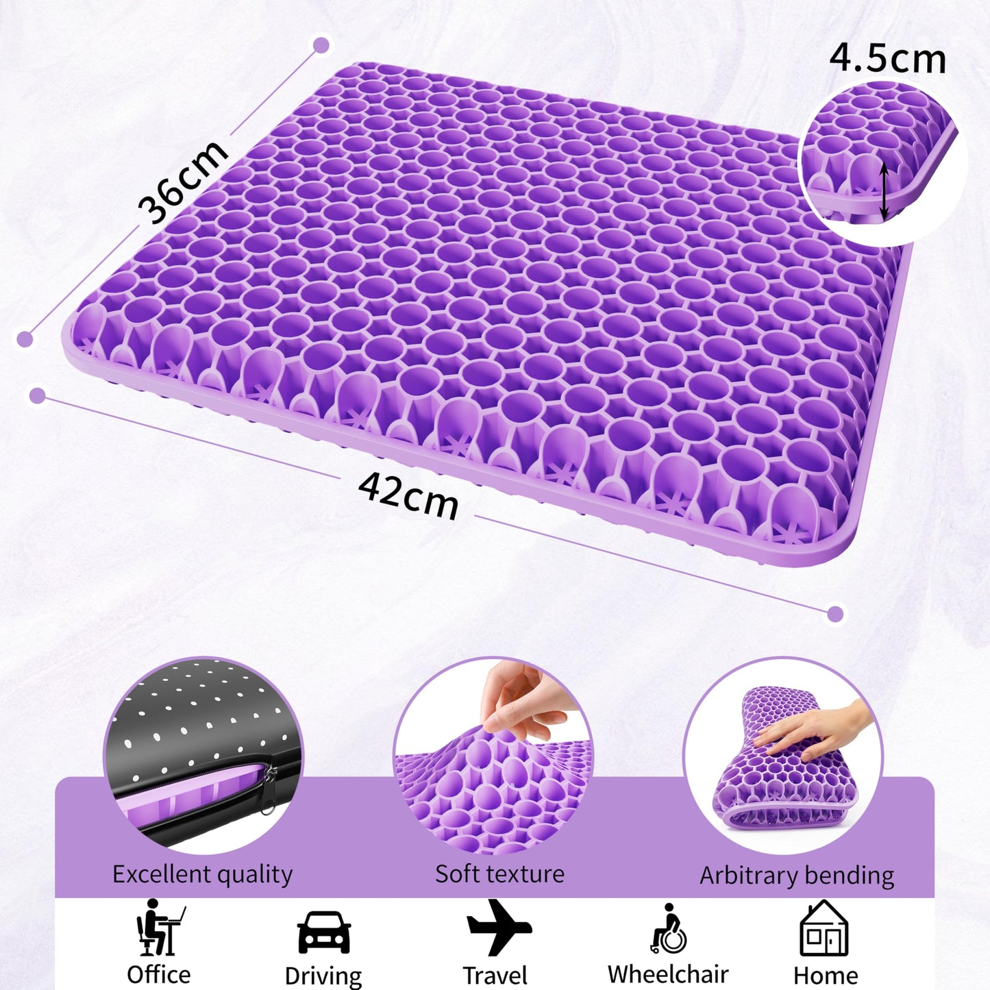 YOYIKKO Gel seat cushion, breathable design gel cushion, relieve back pain pressure, suitable for car office home wheelchair chair kit (violet-94)