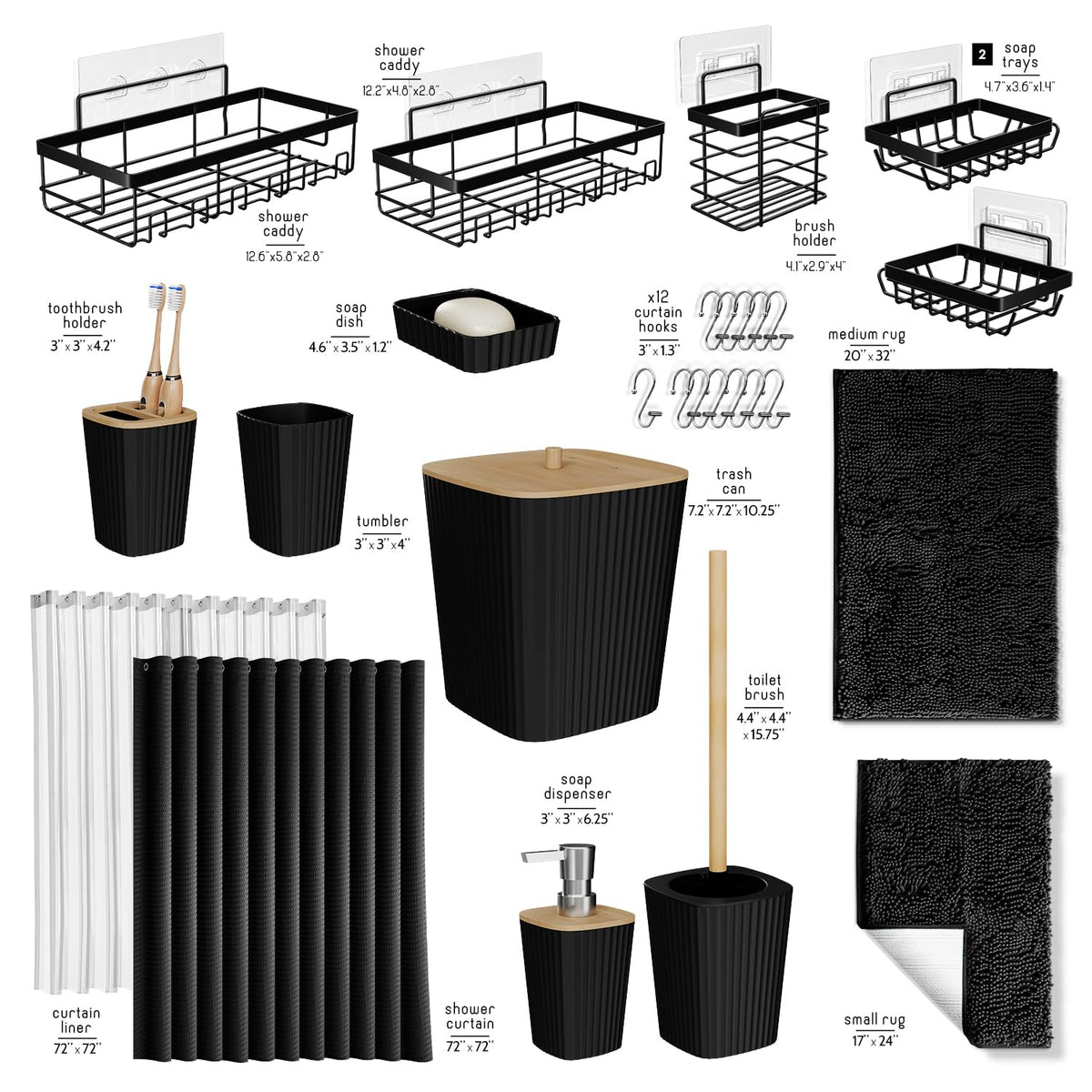 Shower Caddy and Bathroom Accessories Set with Bath Rugs 27PC Bathroom Accessory Set with Shower Caddies Black Bath Rugs, Shower Curtain Set