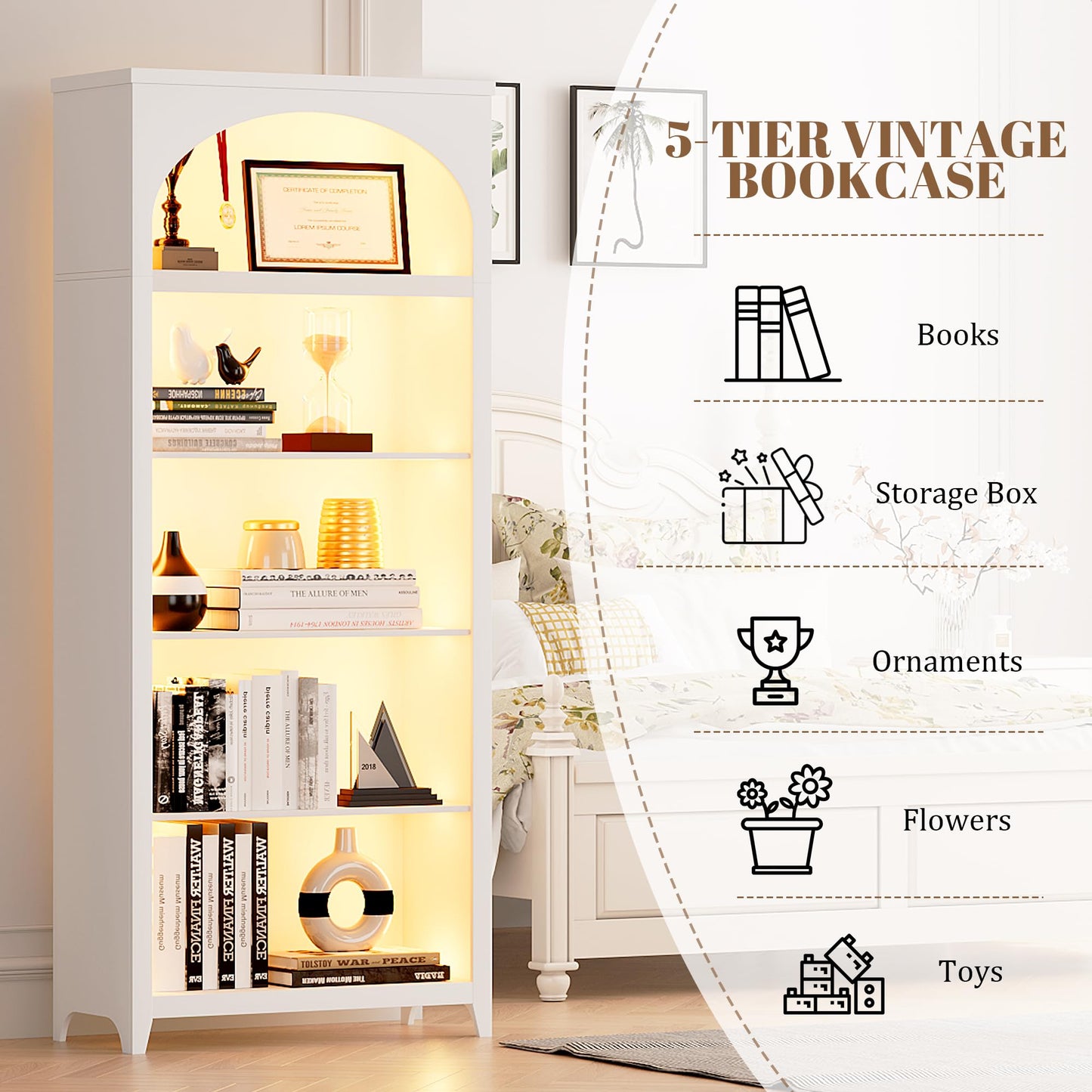 FREDEES Arched Bookcase with LED Lights, 175CM Tall, White
