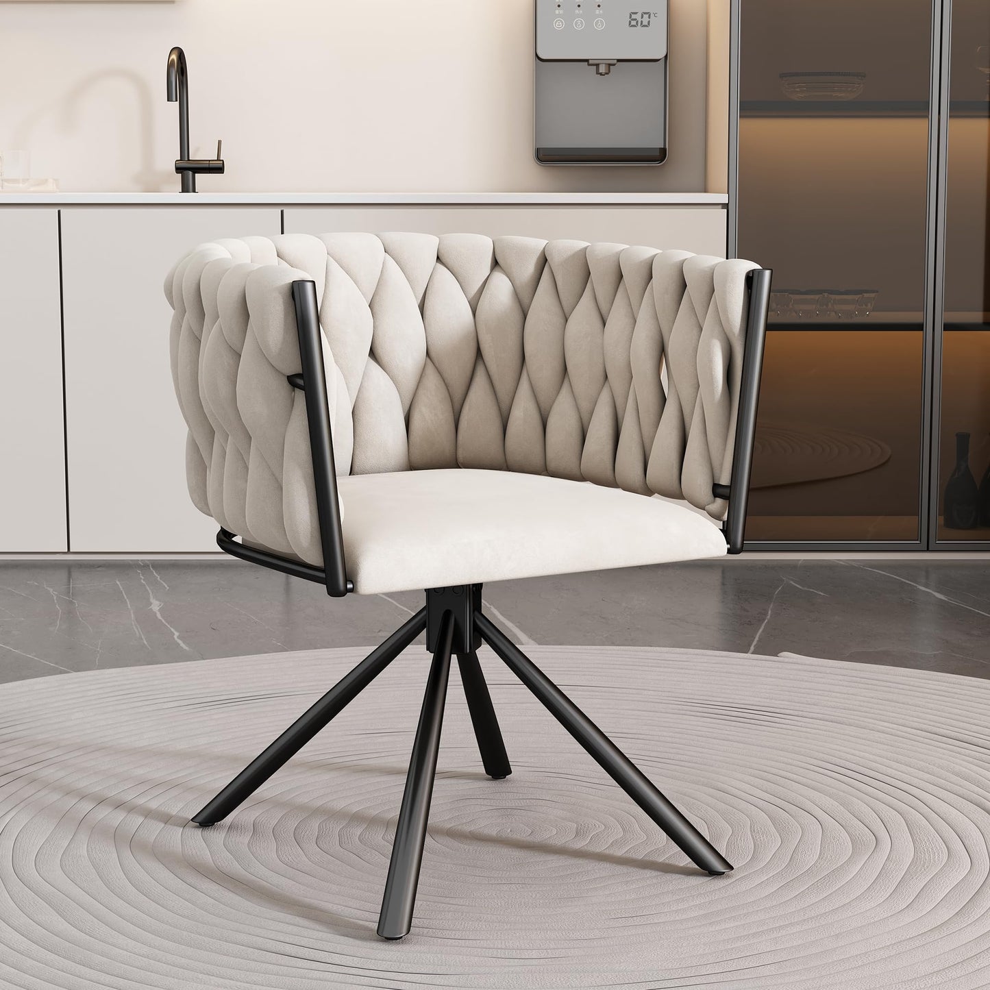 Ball & Cast 360° Swivel Dining Chair, Velvet Upholstered Desk Chairs without Wheels Ergonomic Office Chair with Arms and Metal Legs for Home Study