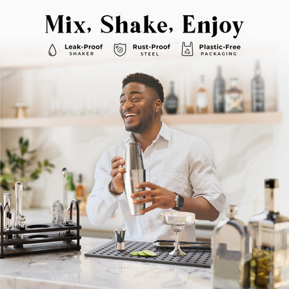 BARE BARREL Cocktail Making Kit | 14-Piece Bartender Kit Cocktail Shaker Set Maker | Display Stand & 35 Recipe Cards | Mixology Cocktail Gift Set