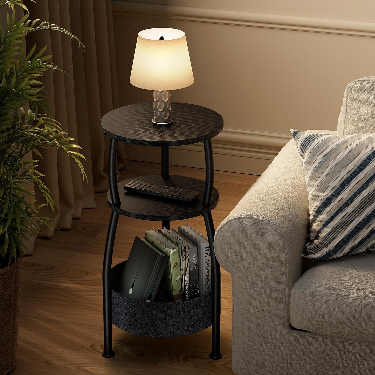 Yuede Round Side Table, 3 Tier Bedside Table, Small End Table with Fabric Basket, Coffee Table for Living Room, Bed Room, Small Space, Easy Assembly