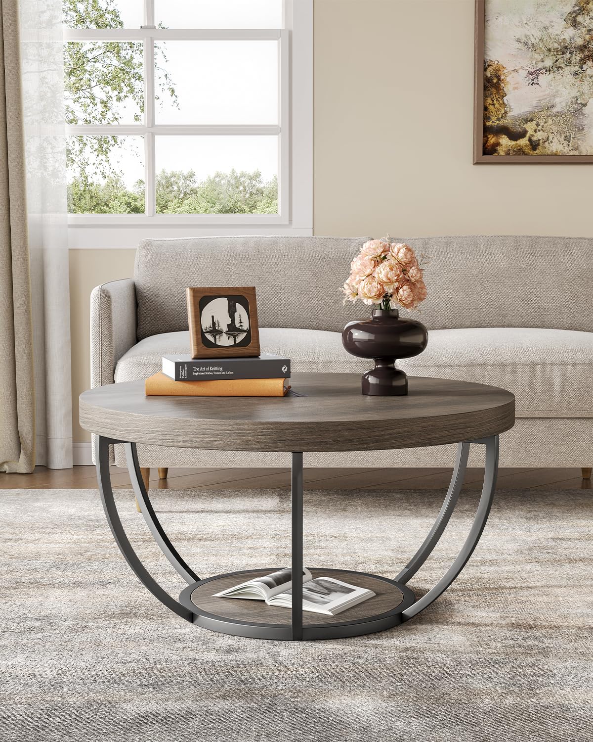 LITTLE TREE Round Coffee Table, 32 Inch Round Coffee Table for Living Room, 2 Tier Wooden Side Center Table with Open Storage