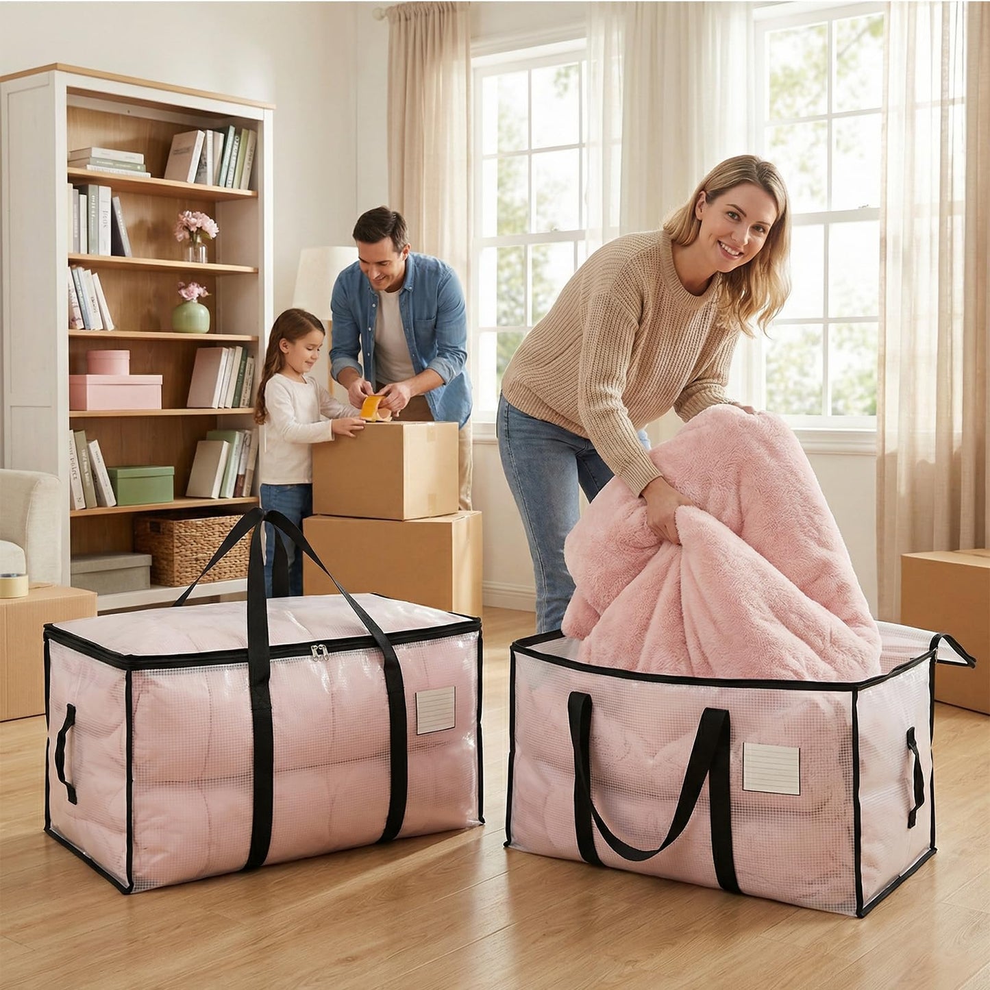 Large Moving Boxes and Storage Bags - 6 Pack 92L Heavy Duty Extra Large Moving Bags with Reinforced Bottom, Dual Zips & Clear Window for Decoration